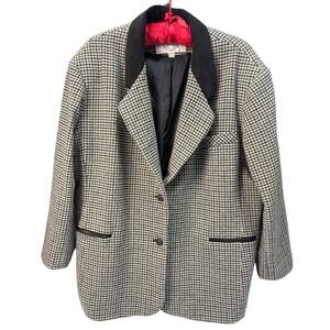 Vintage RZR Leather Wool Houndstooth Blazer Jacket Womens 24W Leather Trim EUC